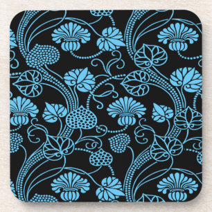 Posavasos Patrón Floral Antiguo Negro sobre Azul