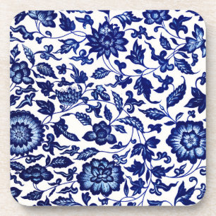 Posavasos Patrón floral azul marino oscuro chino sobre blanc