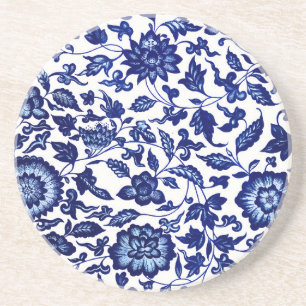 Posavasos Patrón floral azul marino oscuro chino sobre blanc