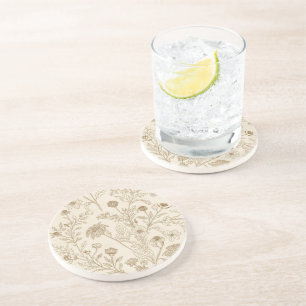 Posavasos Patrón floral de arte de línea botánica sepia anti