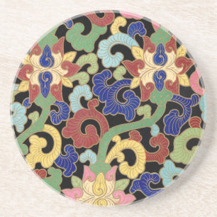 Posavasos Patrón floral de chinoisería colorido sobre negro