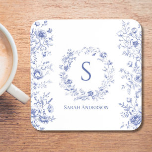 Posavasos Patrón Floral de Flores Azules Clásicas Personaliz