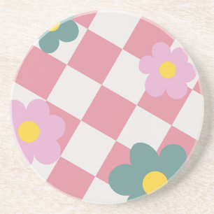 Posavasos Patrón floral de gingham rosa – Flor retro adorabl