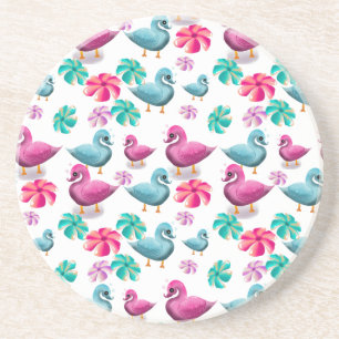 Posavasos Patrón floral de pato lindo Kawaii rosa y azul 