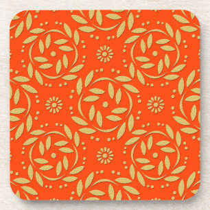 Posavasos Patrón floral moderno de naranja y dorado