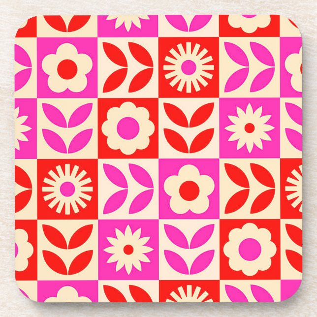 Posavasos Patrón floral retro vibrante (Frente)