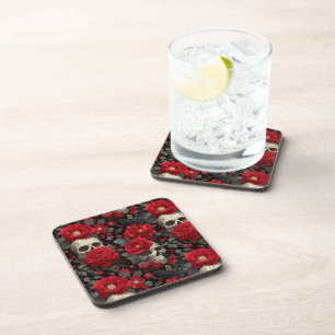 Posavasos Patrón floral sin fisuras de cuervo y calavera gót