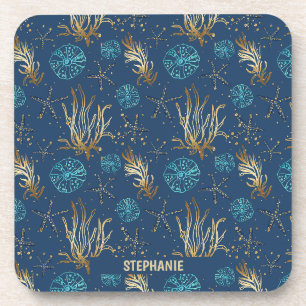 Posavasos Patrón Golden Starfish & Coral Reef en azul