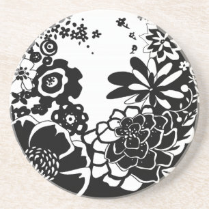 Posavasos Patrón gráfico de jardín floral blanco y negro