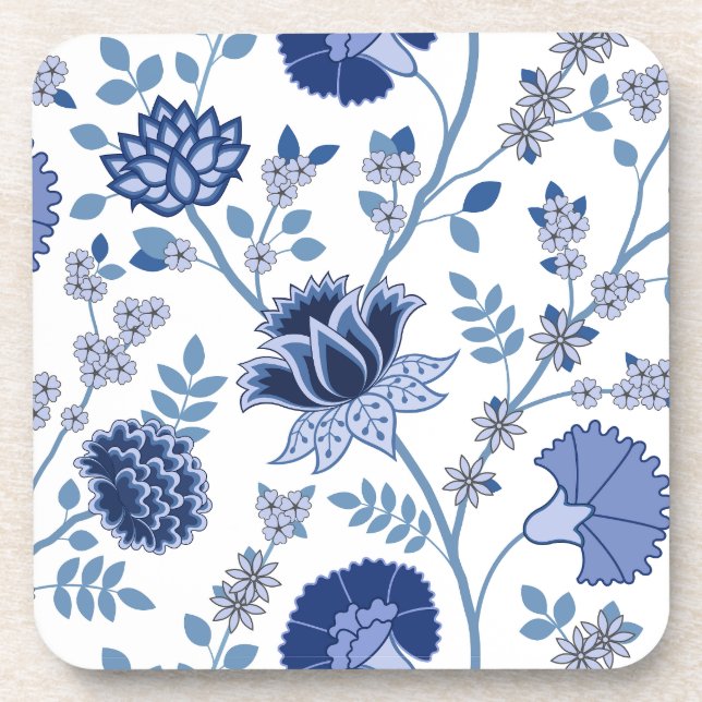 Posavasos Patrón jacobino floral Lg azul en blanco (Frente)