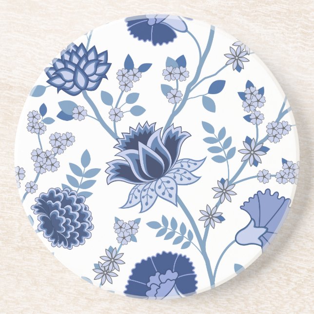 Posavasos Patrón jacobino floral Lg azul en blanco (Frente)