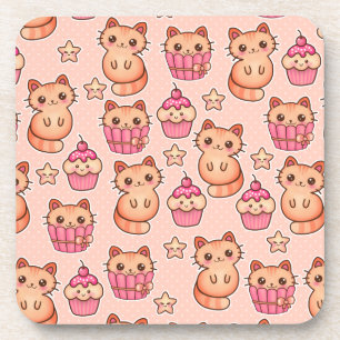 Posavasos Patrón kawaii de gatos y pasteles rosados