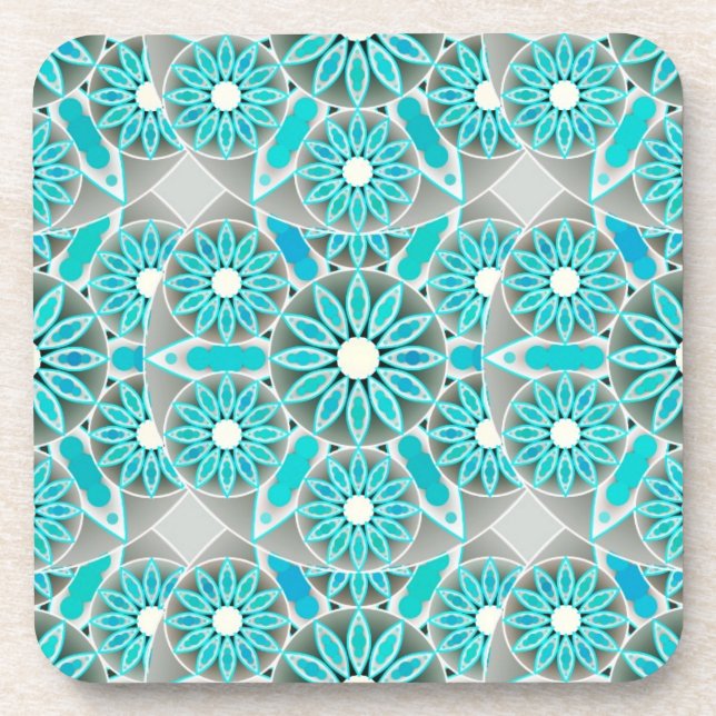 Posavasos Patrón Mandala, turquesa, gris plateado y blanco (Frente)