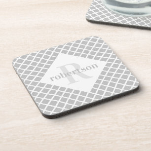Posavasos Patrón moderno gris y blanco con monograma