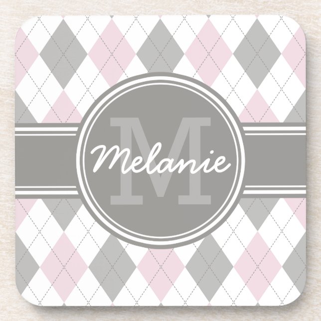 Posavasos Patrón monogramado de arglos rosa y gris (Frente)