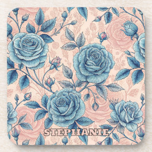 Posavasos Patrón Rosa azul retro sobre fondo rosa suave