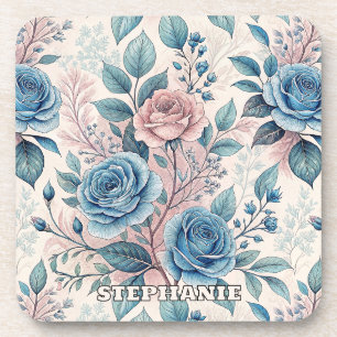 Posavasos Patrón rosa azul y rosa sobre blanco rosado suave