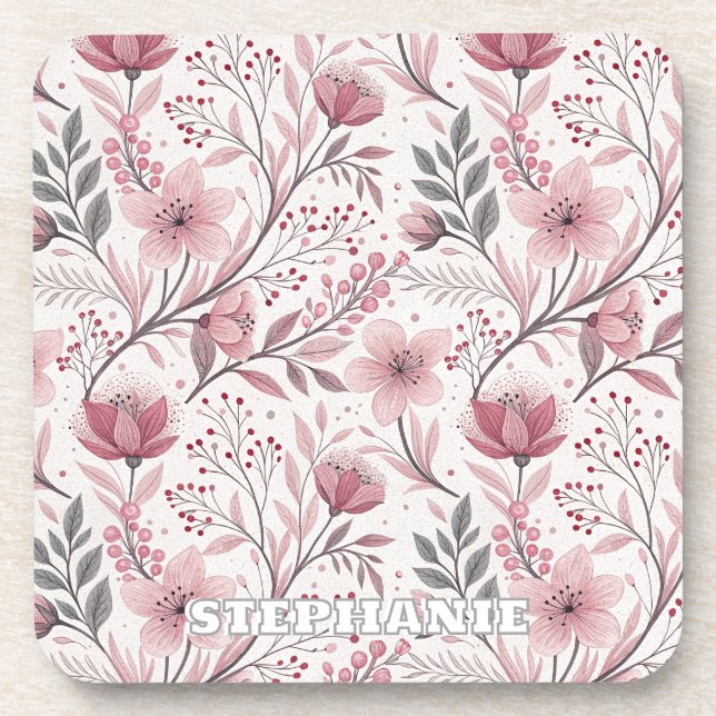 Posavasos Patrón Sakura de flores de cerezo rosa en blanco ( (Frente)