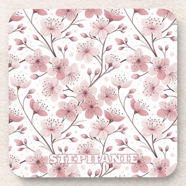 Posavasos Patrón Sakura de flores de cerezo rosa en blanco ( (Frente)