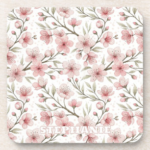 Posavasos Patrón Sakura de flores de cerezo rosa en blanco (