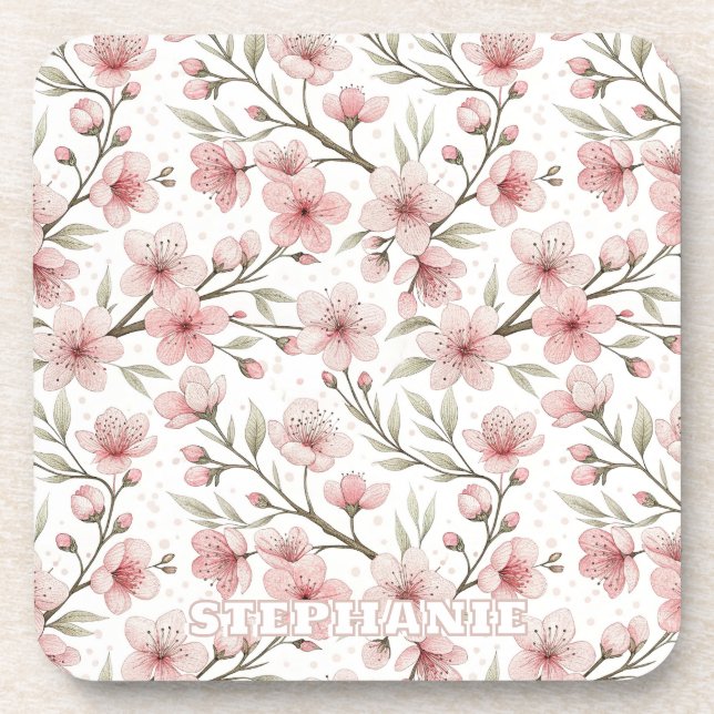 Posavasos Patrón Sakura de flores de cerezo rosa en blanco ( (Frente)