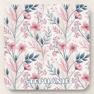 Posavasos Patrón Sakura de flores de cerezo rosa en blanco (
