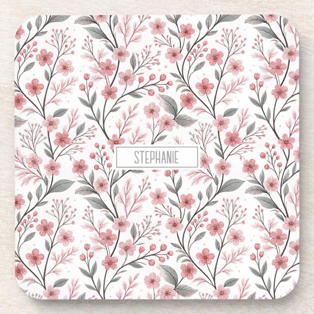 Posavasos Patrón Sakura de flores de cerezo rosa en blanco ( (Frente)