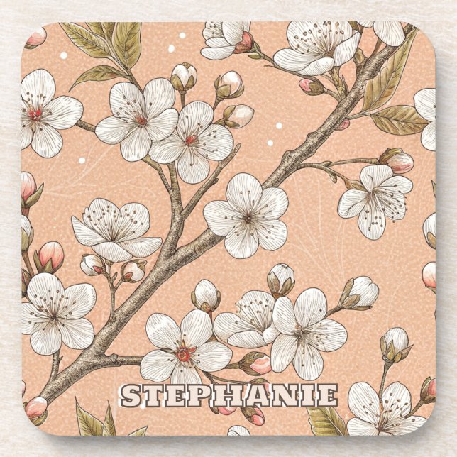 Posavasos Patrón Sakura de flores de cerezo rosa sobre rosa  (Frente)