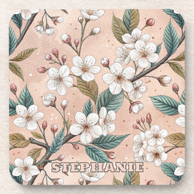 Posavasos Patrón Sakura de flores de cerezo rosa sobre rosa  (Frente)