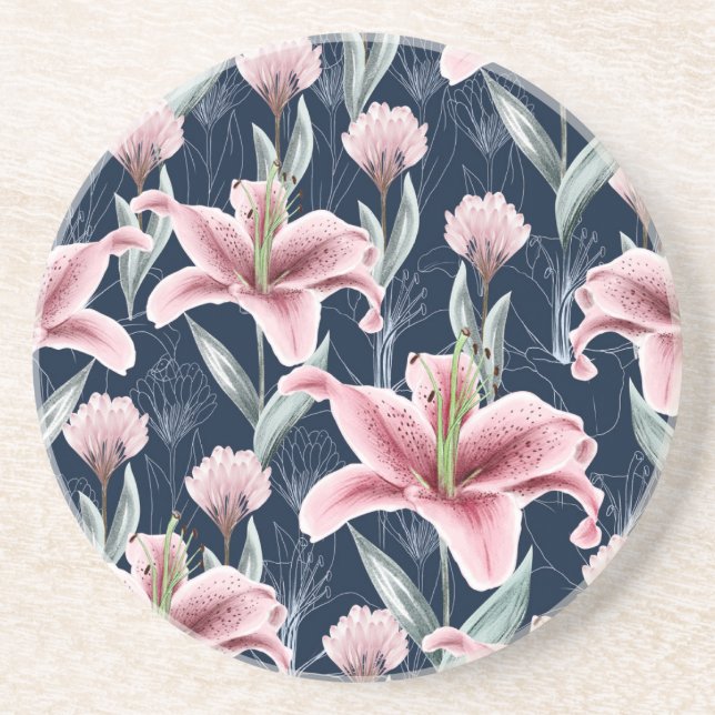 Posavasos Patrón sin foco de flor rosa Lilly. (Frente)