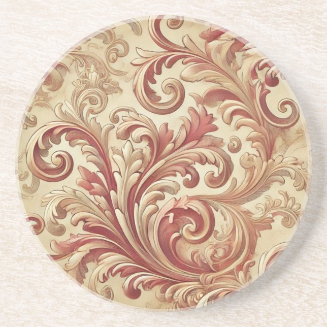 Posavasos Patrón suave de Damasco rojo y dorado (Frente)