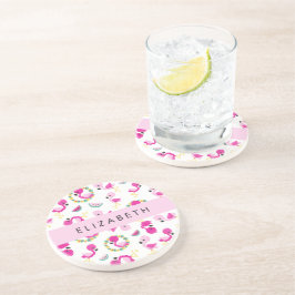 Posavasos Patrón tropical, flamencos, flores, tu nombre