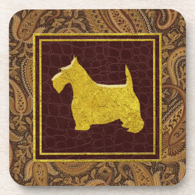 Posavasos Patrones de Paisley y Cuero con Terrier Escocés Do (Frente)