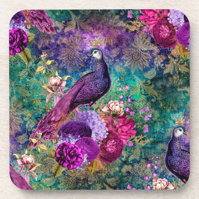 Posavasos Pavo de pavo real con flores (Frente)