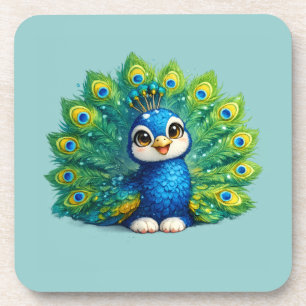 Posavasos Pavo real lindo con diseño de pájaro Kawaii de ojo