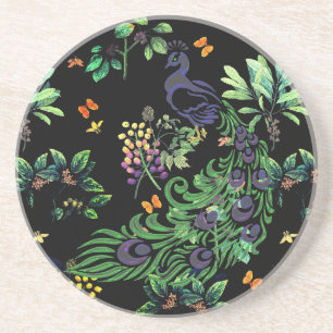 Posavasos Pavo real ornamentado y floral vintage