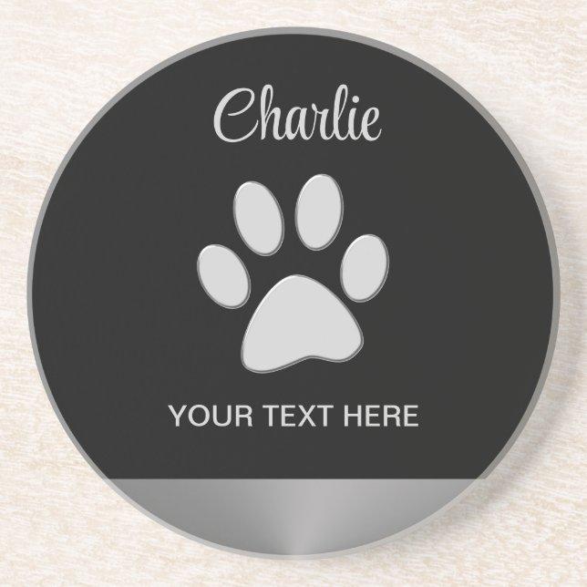 Posavasos Paw de perro plateado sobre fondo negro (Frente)
