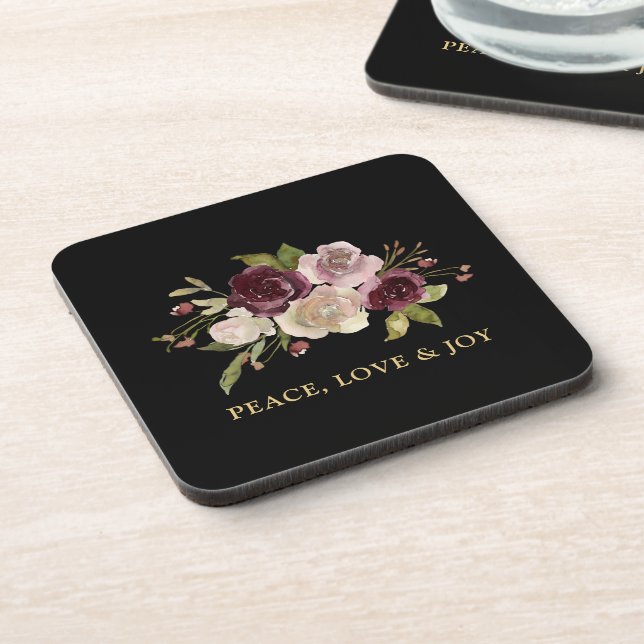 Posavasos Peace Love and Joy Winter Bouquet Black Holiday (Lado Izquierdo)