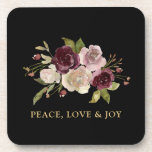 Posavasos Peace Love and Joy Winter Bouquet Black Holiday<br><div class="desc">This elegant "Peace,  Love & Joy" black holiday coasters features modern,  minimal watercolor winter bouquet on a black background.</div>