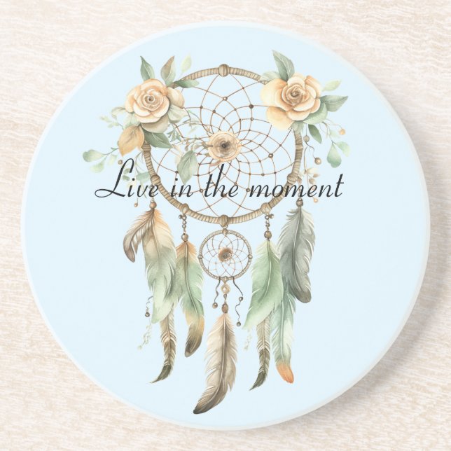 Posavasos Peach Floral Green Feathers Dream Catcher (Frente)
