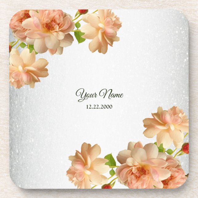 Posavasos Peach Roses Floral Silver Glitter Wedding Party (Frente)