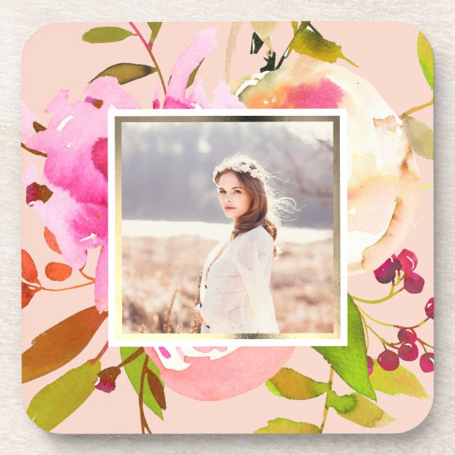 Posavasos Peach Rubor with Watercolor Floral Photo (Frente)