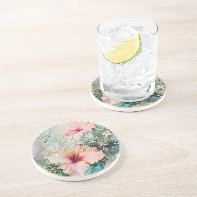 Posavasos Peach Tropical Pink Hibiscus Floral Cumpleaños (Lado)