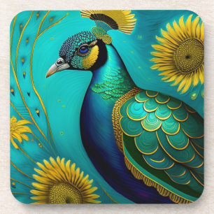 Posavasos Peacock and Sunflower Hard Plastic Coaster