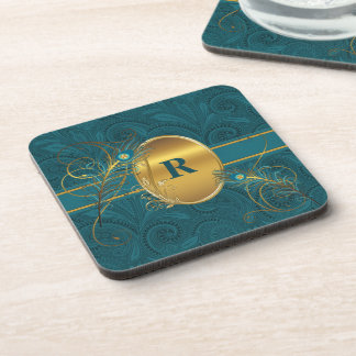 Posavasos Peacock Verde azulado monogramado y bebida de oro