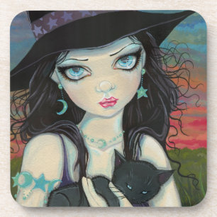 Posavasos Peekaboo Witch and Cat Halloween Fantasy Art