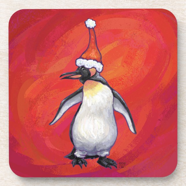 Posavasos Penguin en Santa Hat en Red (Frente)