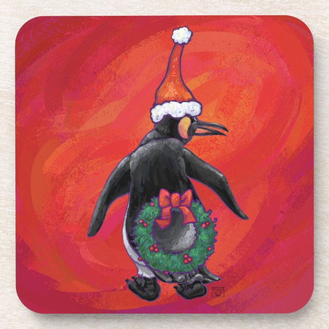 Posavasos Penguin en Santa Hat en Red (Frente)