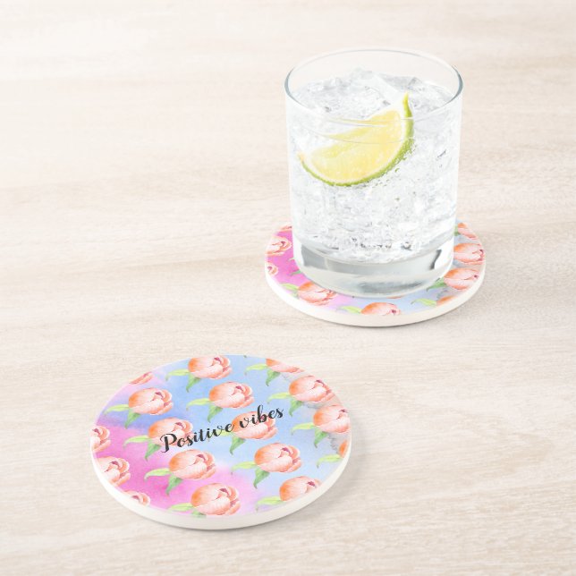 Posavasos Peonias de tintes de tinta azul rosa (Lado)