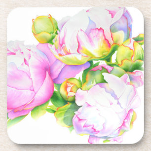 Posavasos Peonias, pintura floral rosa, blanca, acuarela